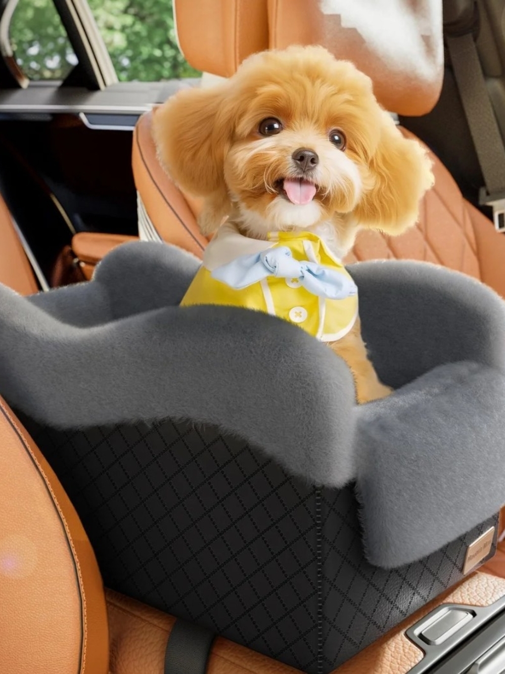 Plush Gray Pet Car Booster Seat - Comfortable Travel Dog Bed